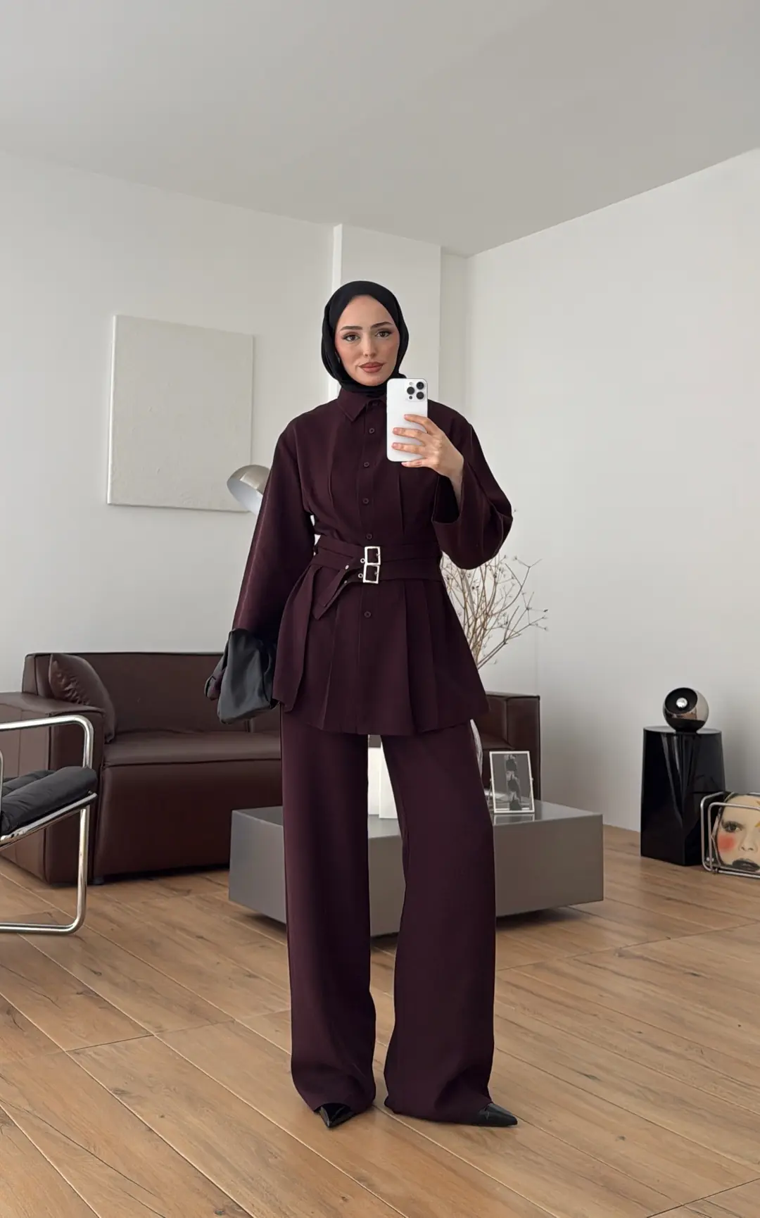 Pile Detay Kemerli Takım Bordo