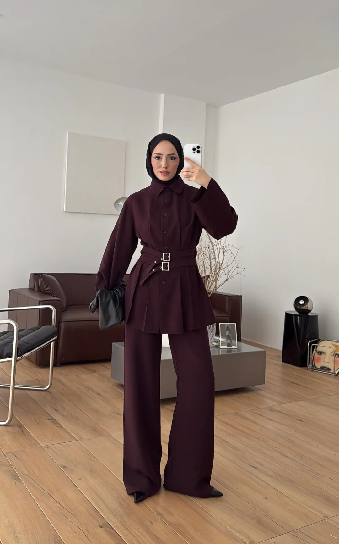 Pile Detay Kemerli Takım Bordo - Görsel 10