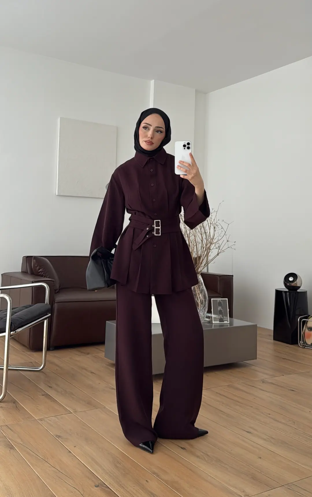 Pile Detay Kemerli Takım Bordo - Görsel 5