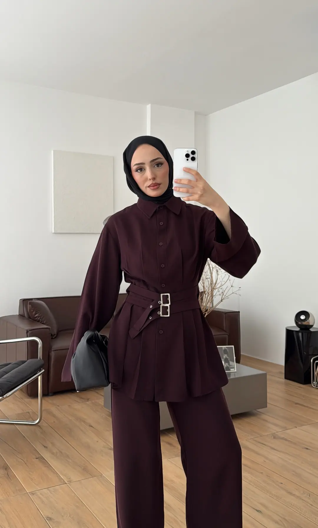 Pile Detay Kemerli Takım Bordo - Görsel 6