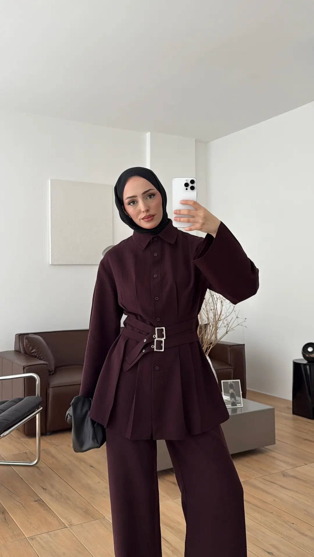 Pile Detay Kemerli Takım Bordo - Görsel 9