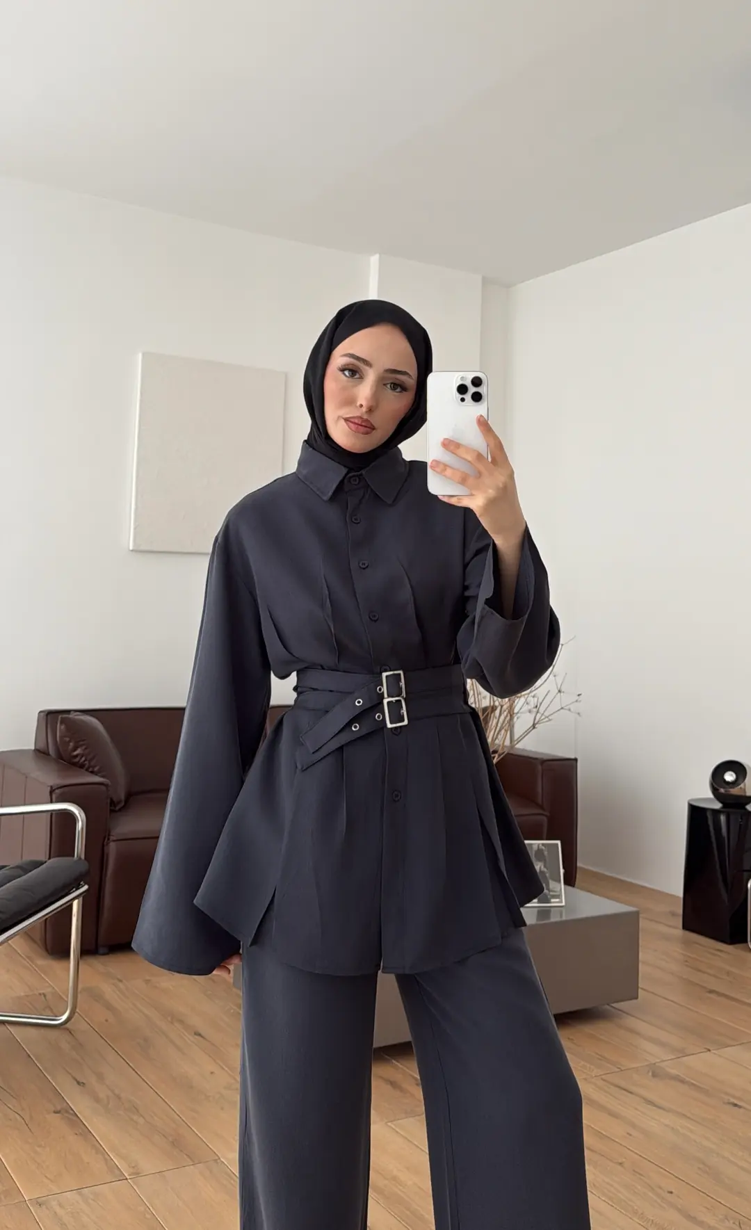 Pile Detay Kemerli Takım Petrol - Görsel 2