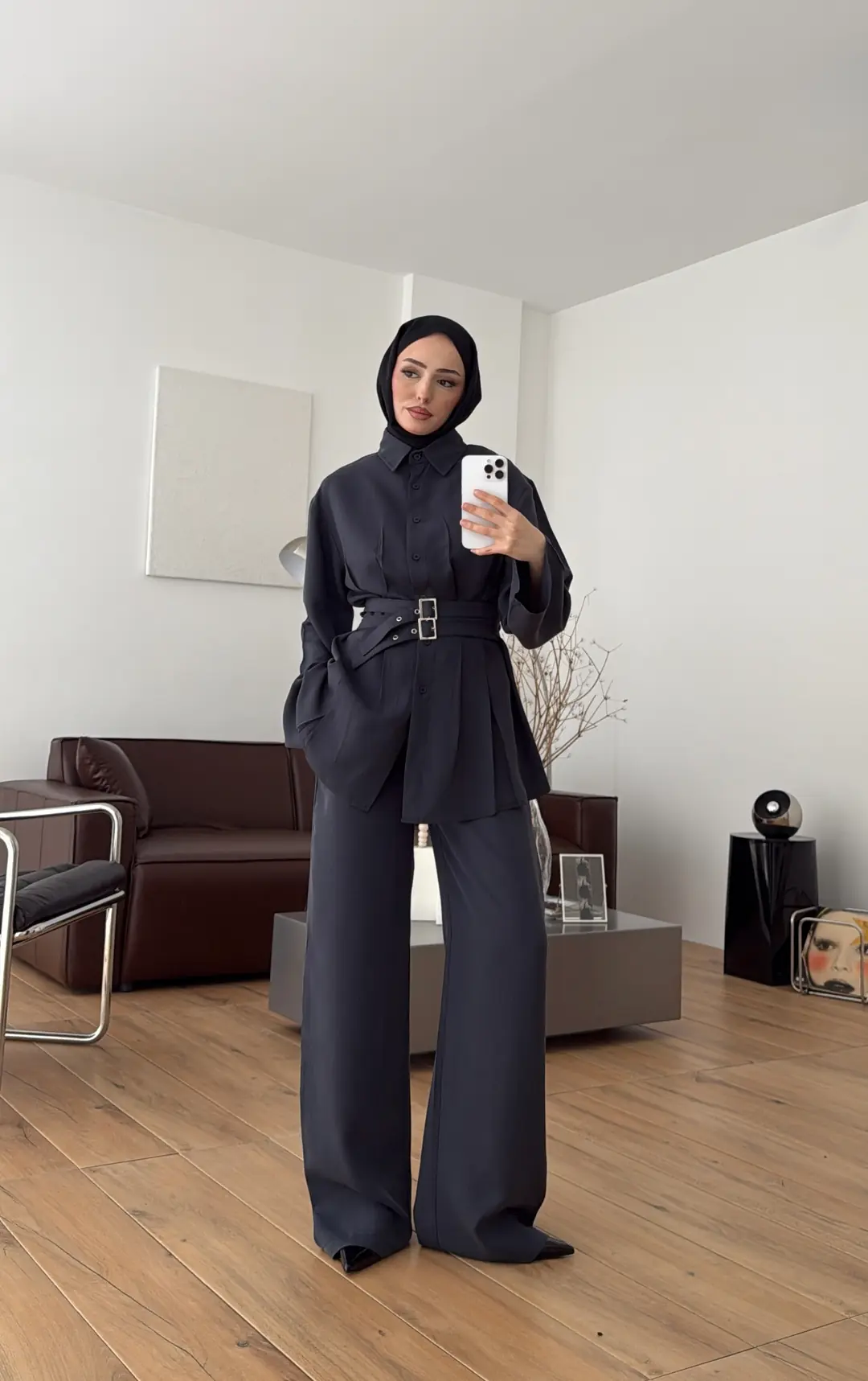 Pile Detay Kemerli Takım Petrol - Görsel 4