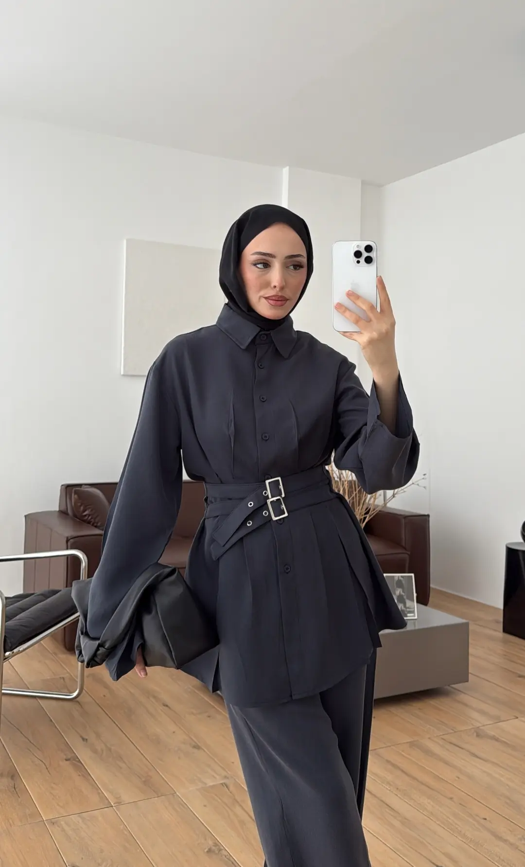 Pile Detay Kemerli Takım Petrol - Görsel 6