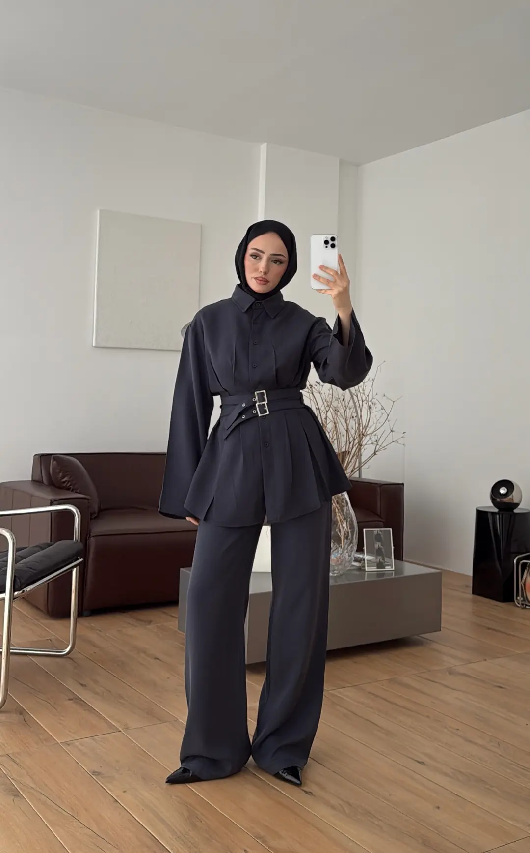 Pile Detay Kemerli Takım Petrol - Görsel 7