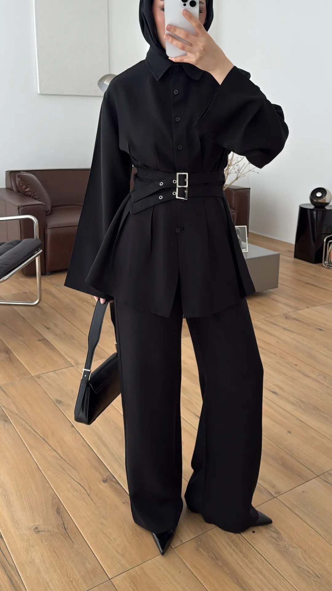 Pile Detay Kemerli Takım Siyah - Görsel 3