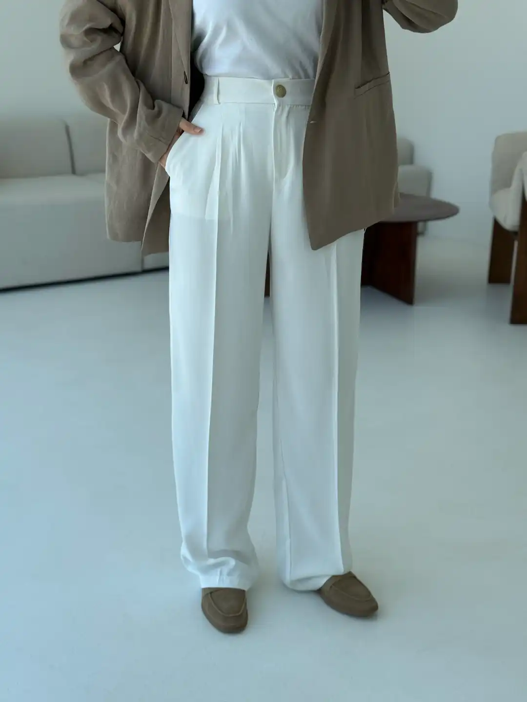 Pileli Palazzo Ekru Pantolon - Görsel 2