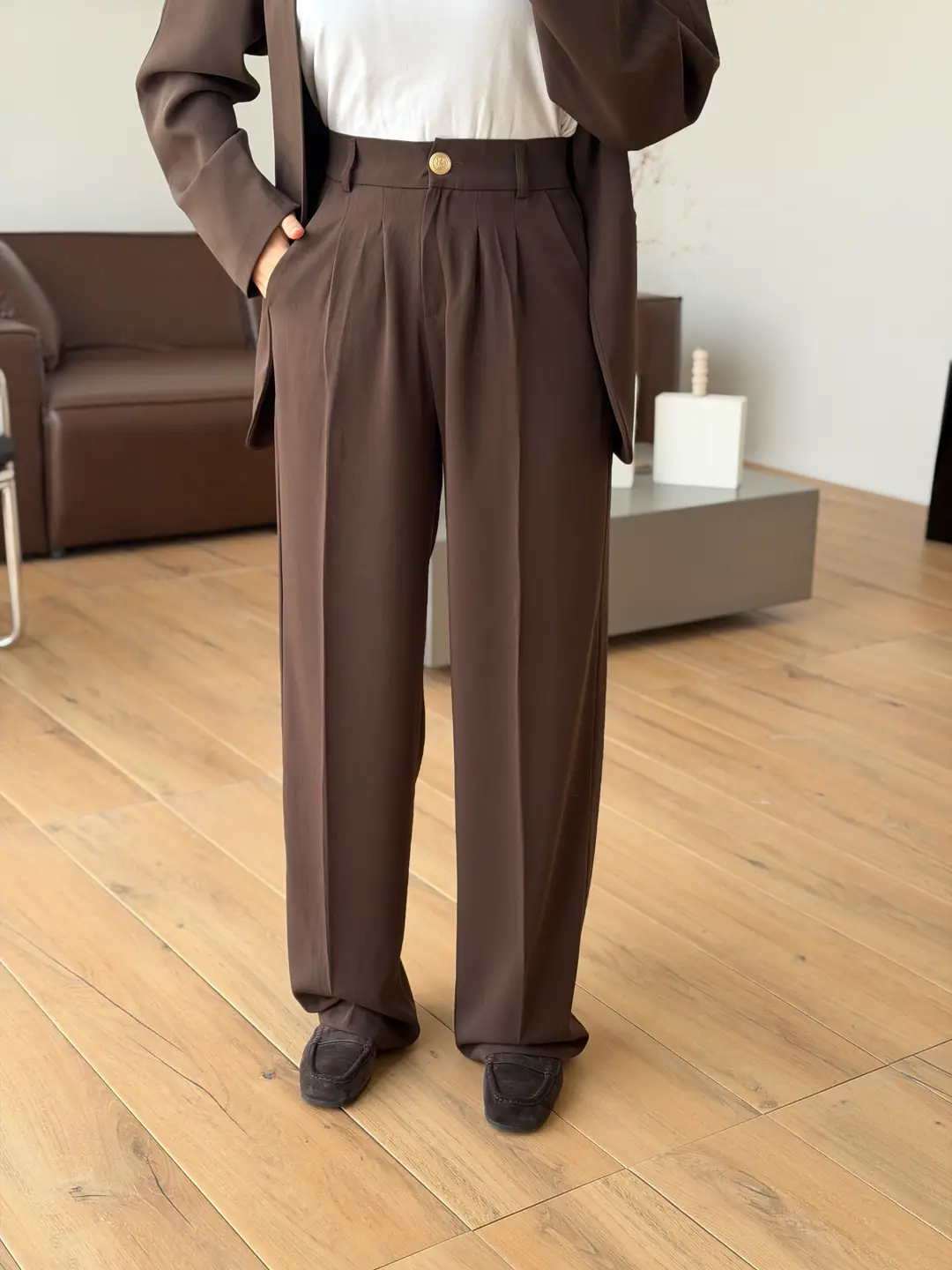 Pileli Palazzo Pantolon Kahve - Görsel 2