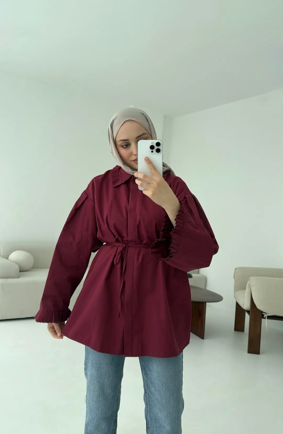 Pilise Detaylı Gömlek Bordo - Görsel 7