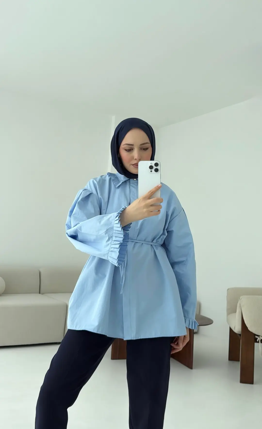 Pilise Detaylı Gömlek Mavi - Görsel 4