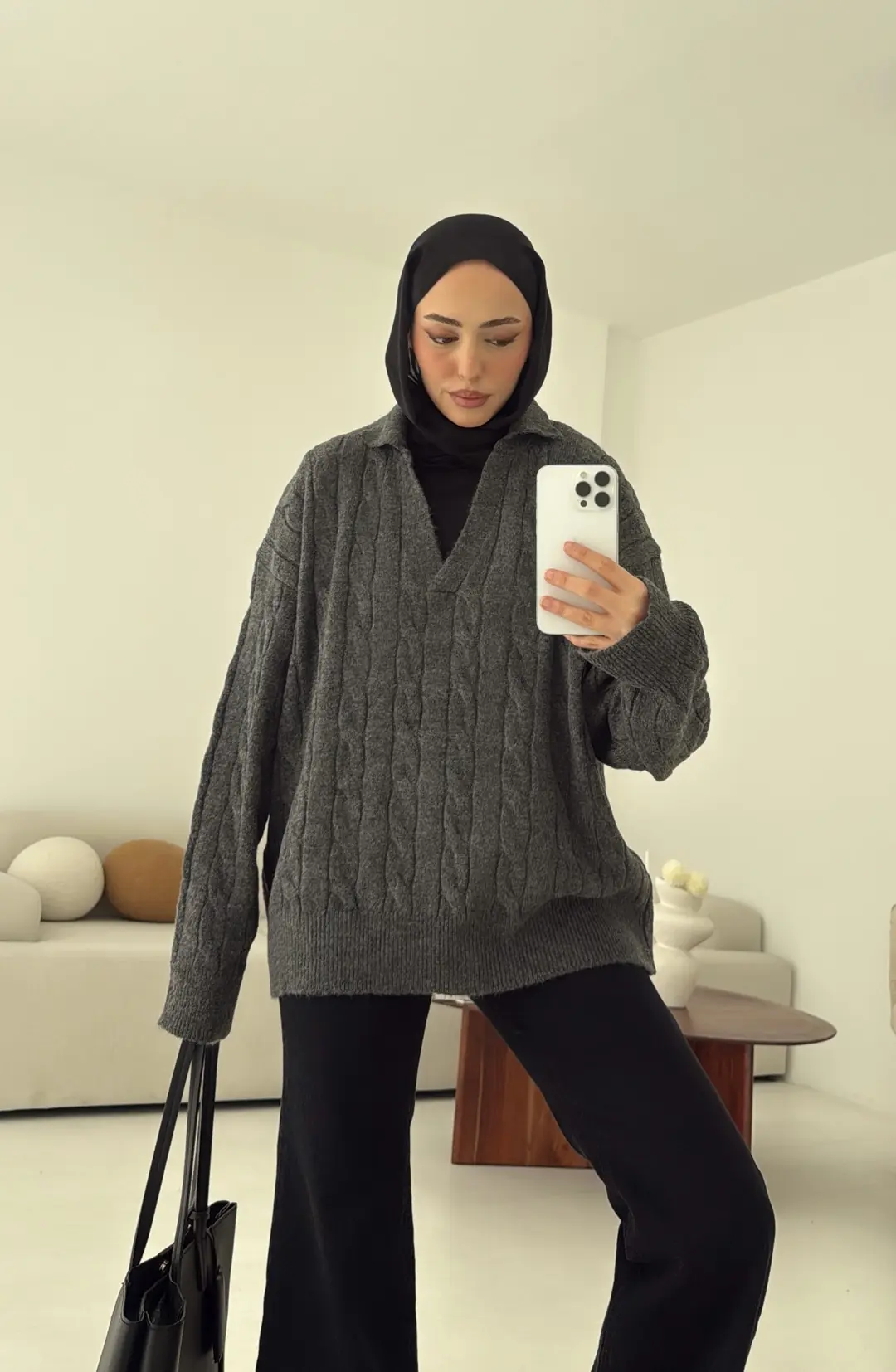 Polo Yaka Örgü Kazak Antrasit - Görsel 4