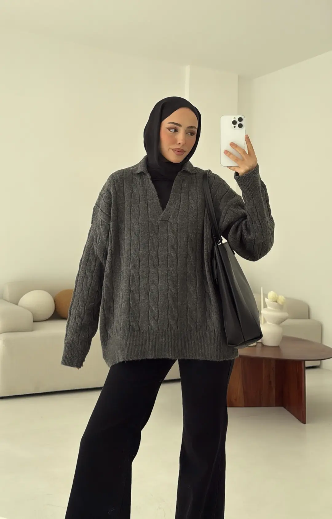 Polo Yaka Örgü Kazak Antrasit - Görsel 6