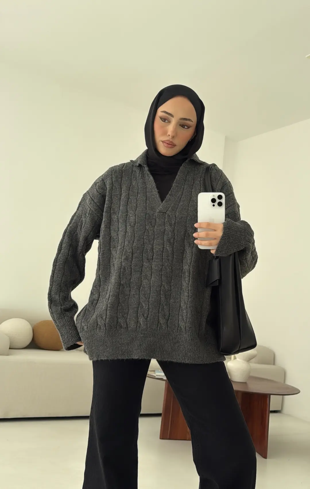 Polo Yaka Örgü Kazak Antrasit - Görsel 8