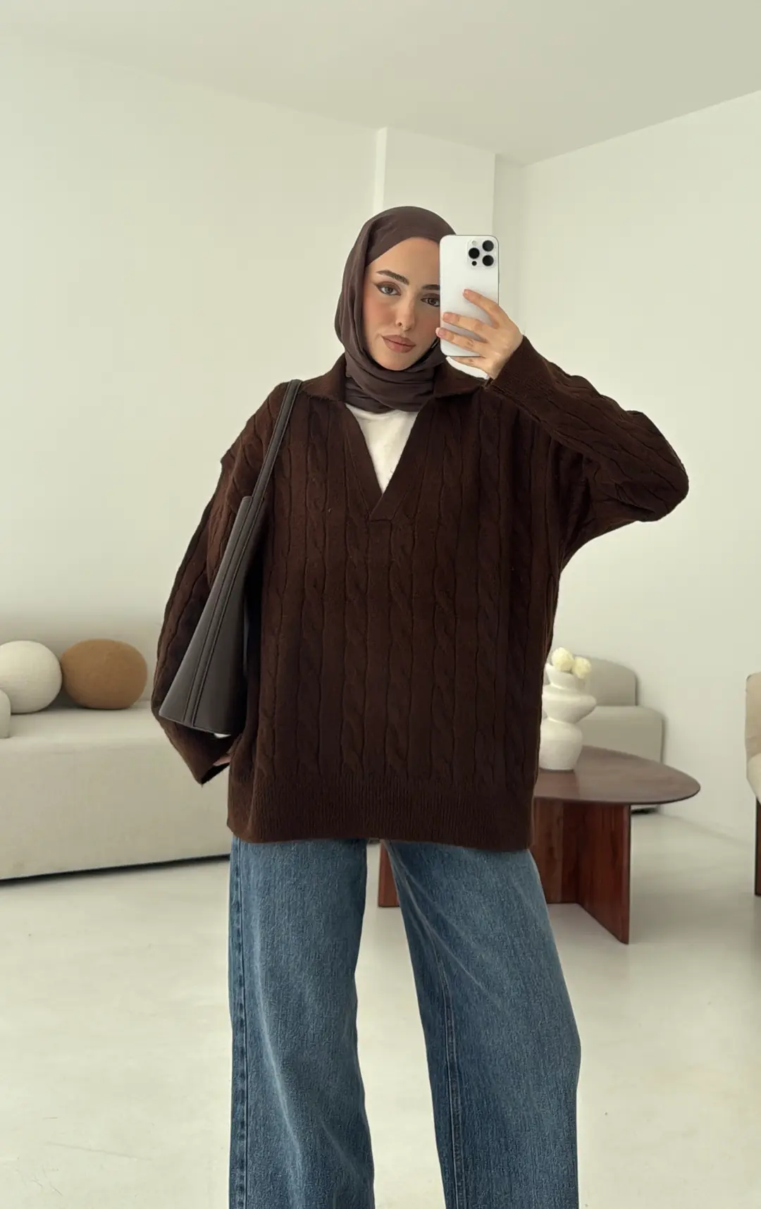 Polo Yaka Örgü Kazak Kahve - Görsel 5