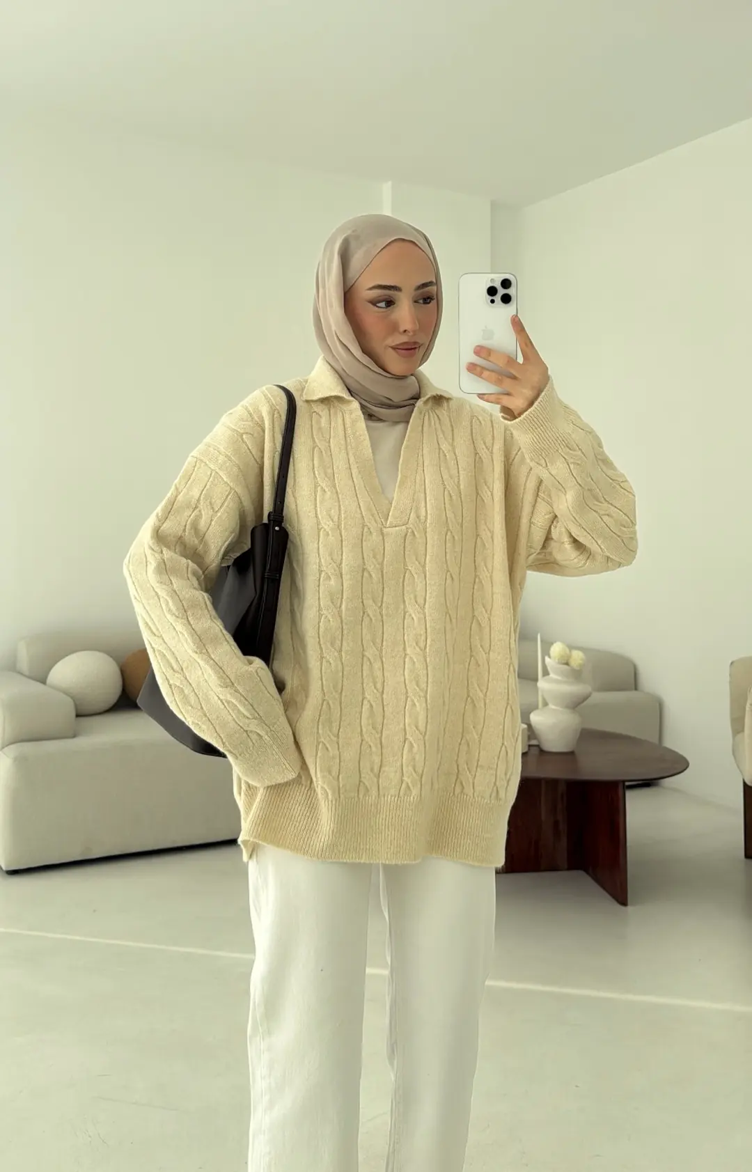 Polo Yaka Örgü Kazak Krem