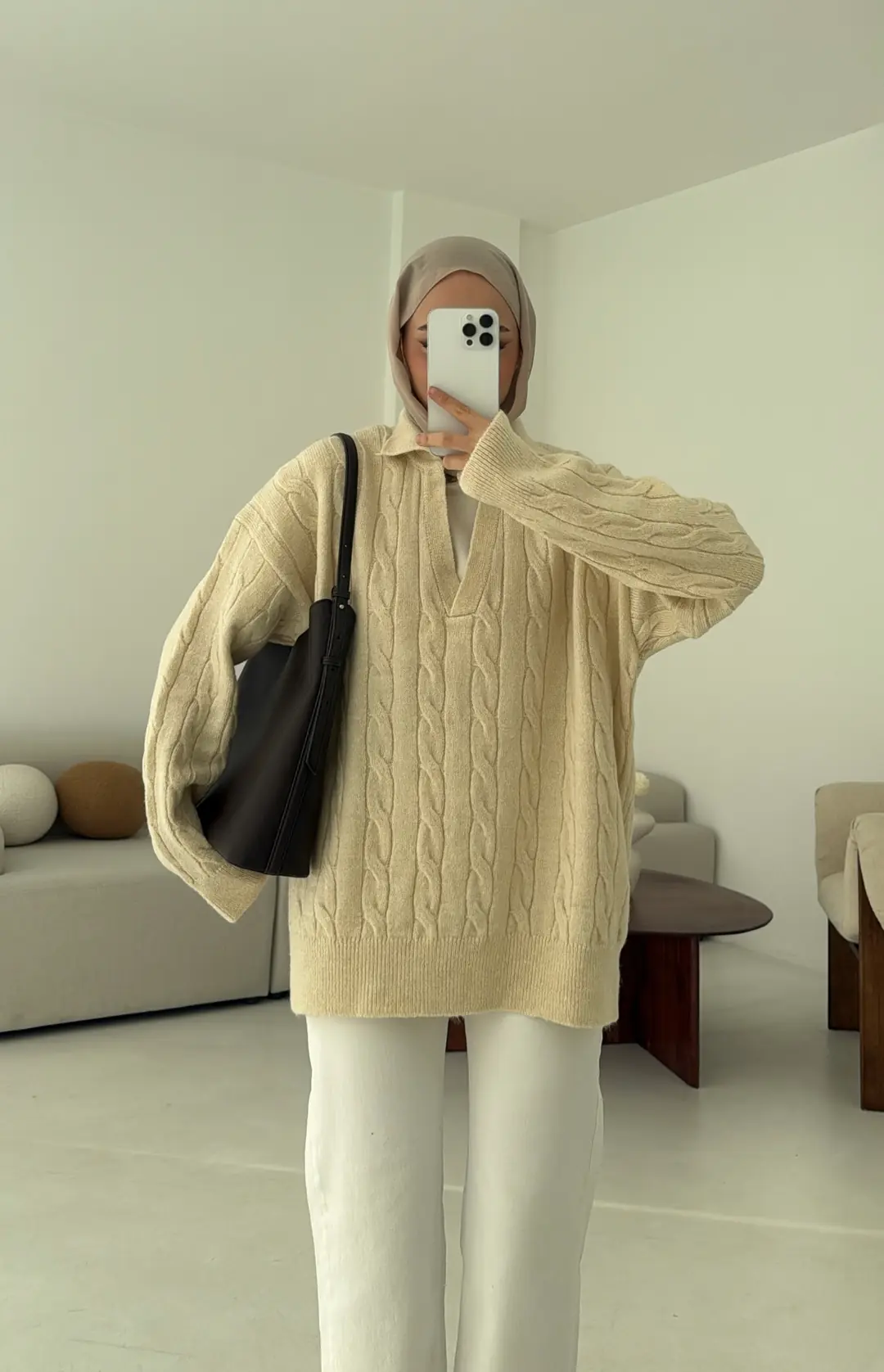 Polo Yaka Örgü Kazak Krem - Görsel 4