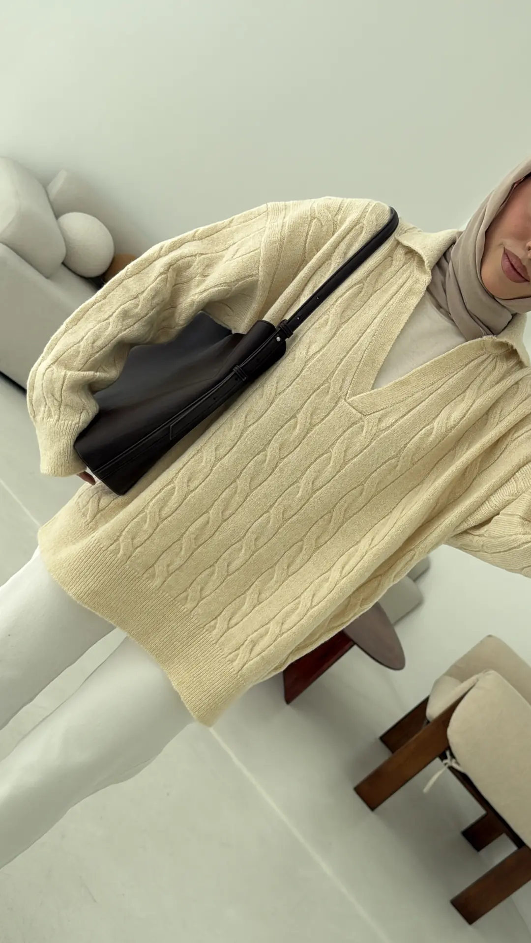 Polo Yaka Örgü Kazak Krem - Görsel 5