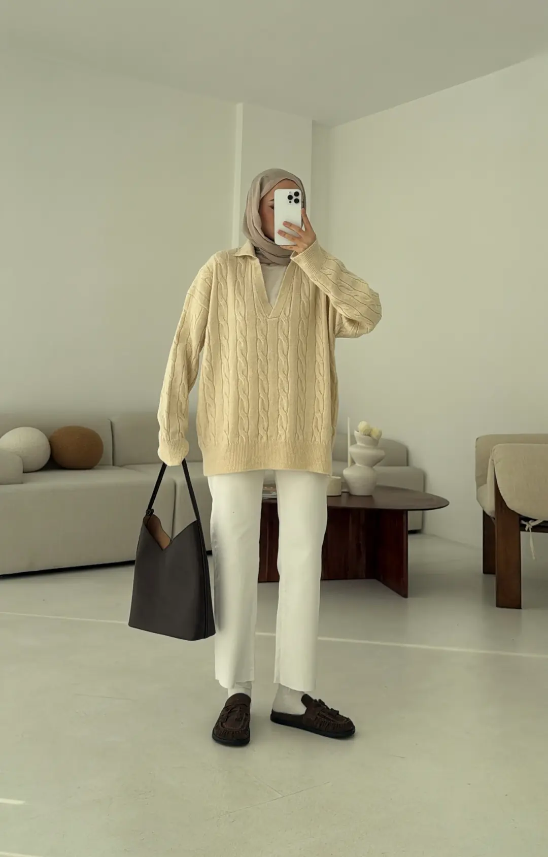 Polo Yaka Örgü Kazak Krem - Görsel 6