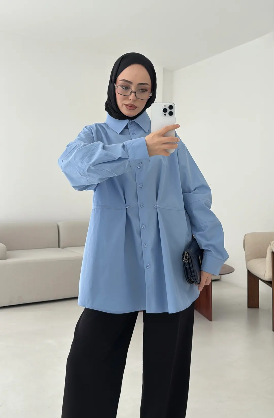 Poplin Düğme Detay Gömlek Mavi - Görsel 3