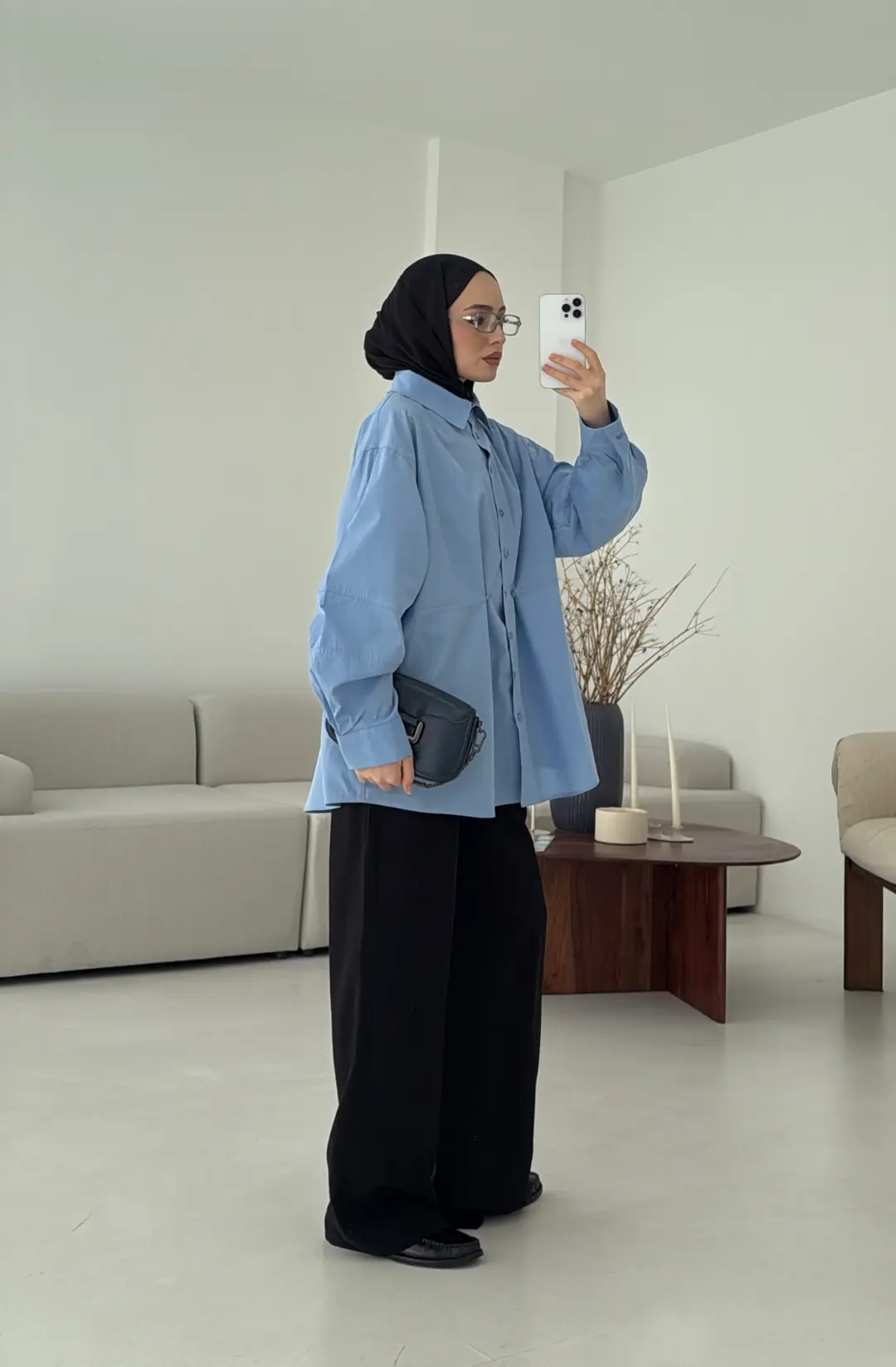 Poplin Düğme Detay Gömlek Mavi - Görsel 5