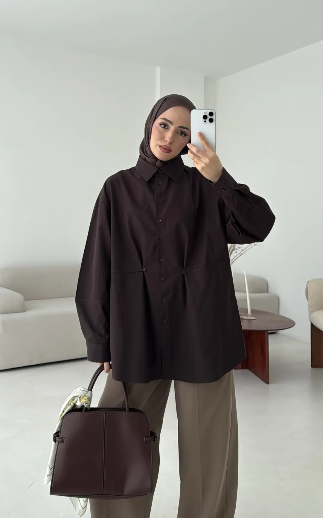 Poplin Düğme Detay Gömlek Kahve