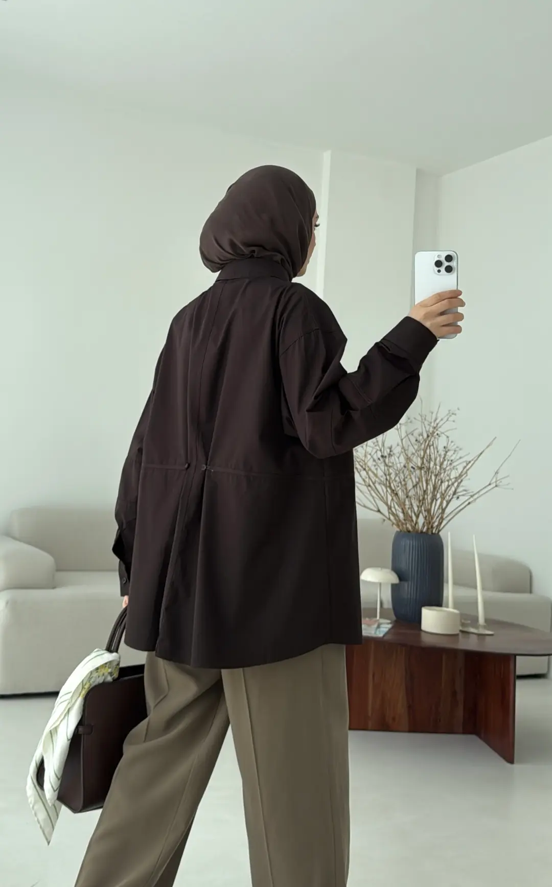 Poplin Düğme Detay Gömlek Kahve - Görsel 5