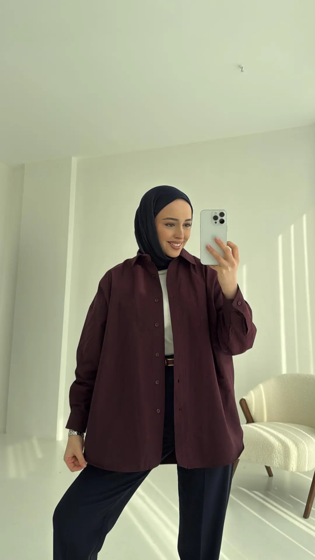 Poplin Oversize Gömlek Bordo - Görsel 5