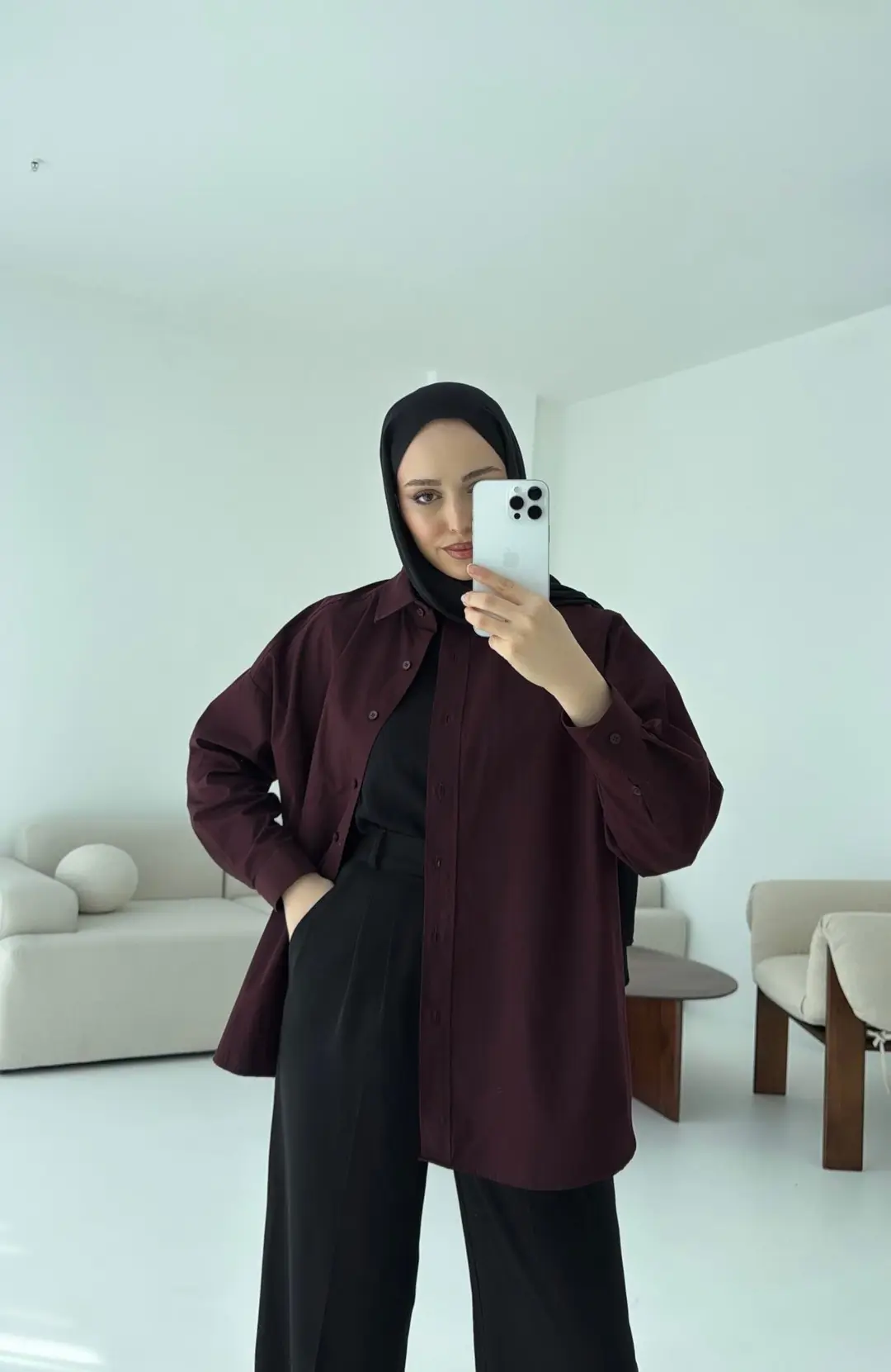 Poplin Oversize Gömlek Bordo - Görsel 2