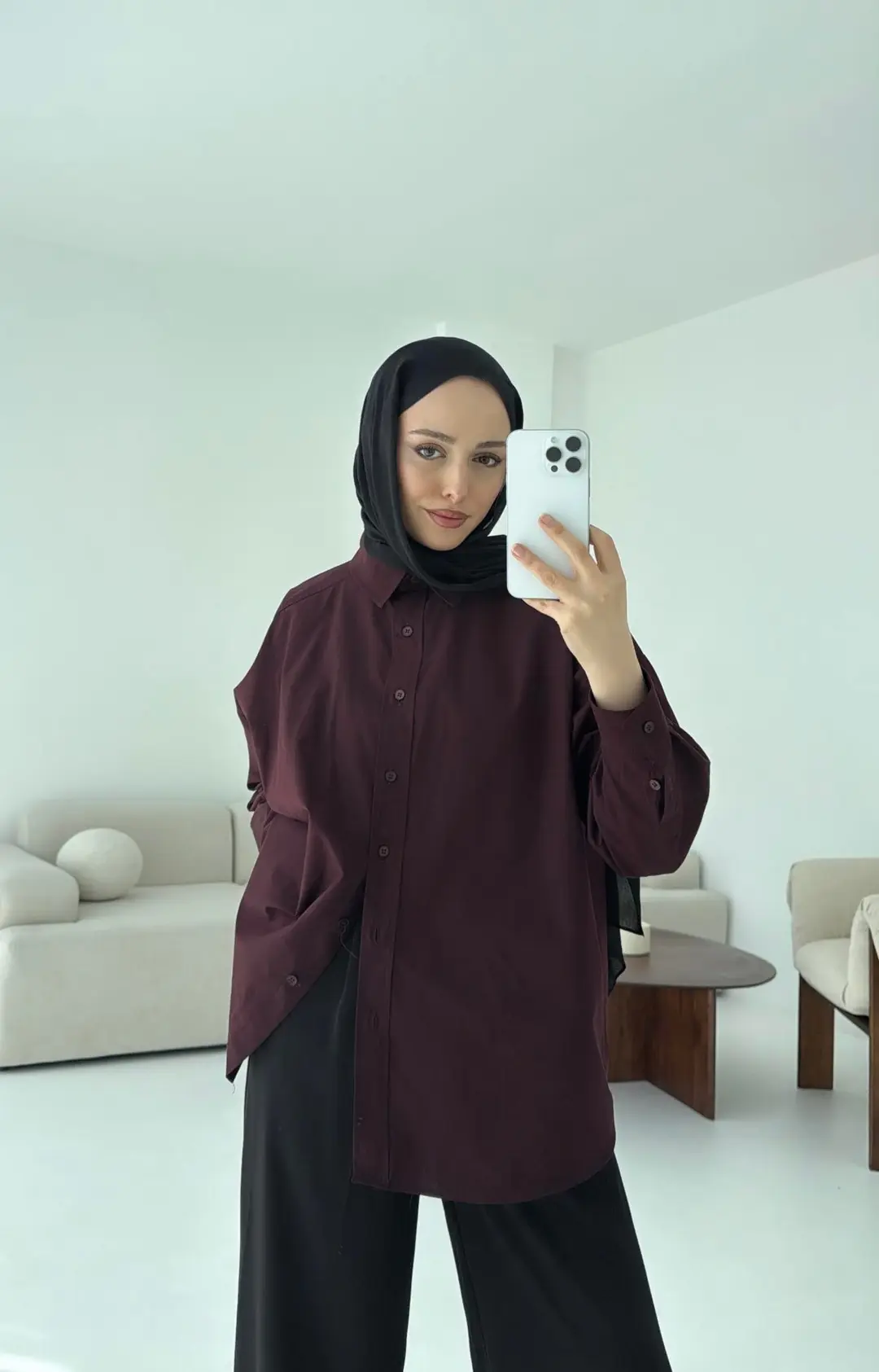 Poplin Oversize Gömlek Bordo - Görsel 5