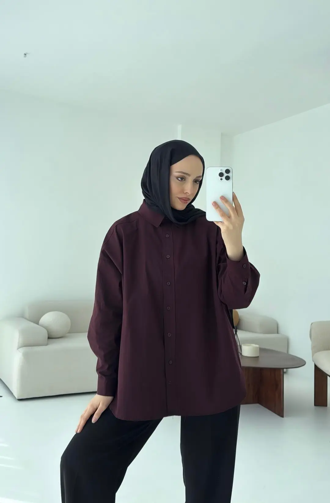 Poplin Oversize Gömlek Bordo - Görsel 6