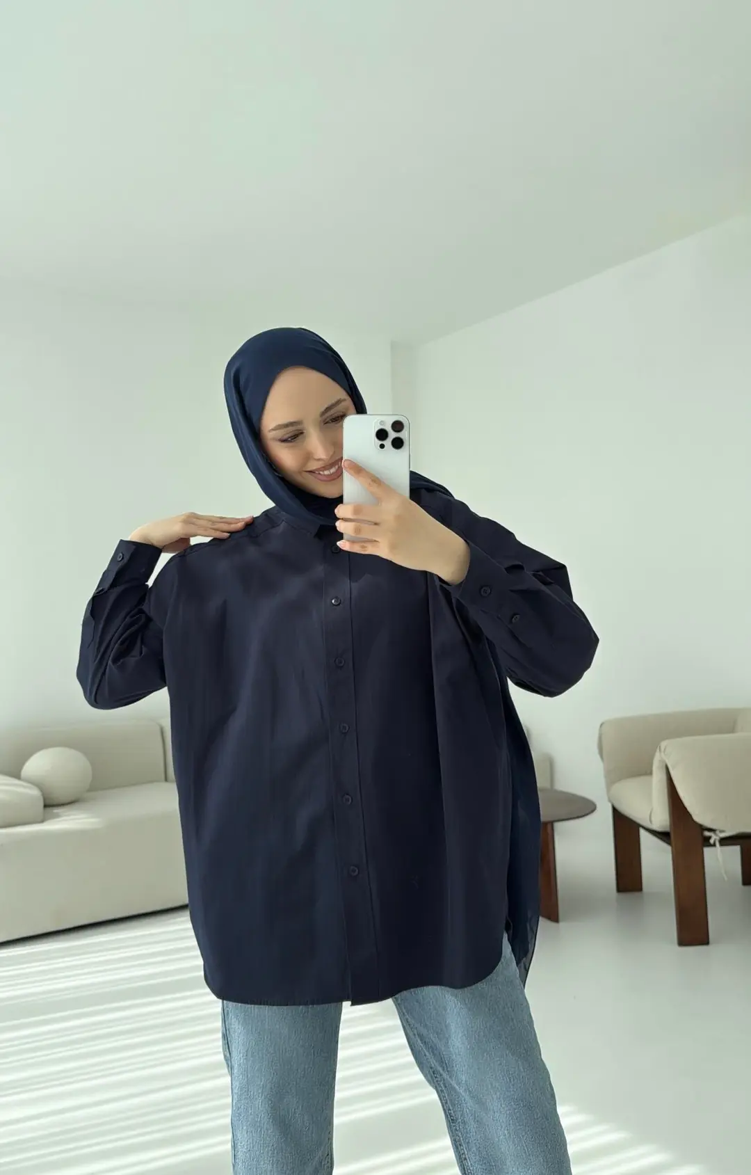 Poplin Oversize Gömlek Lacivert - Görsel 2