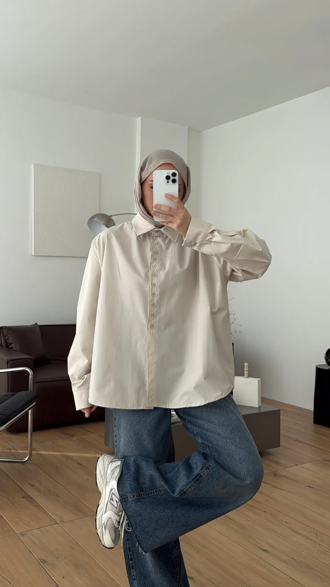 Poplin Sık Düğmeli Gömlek Bej - Görsel 4