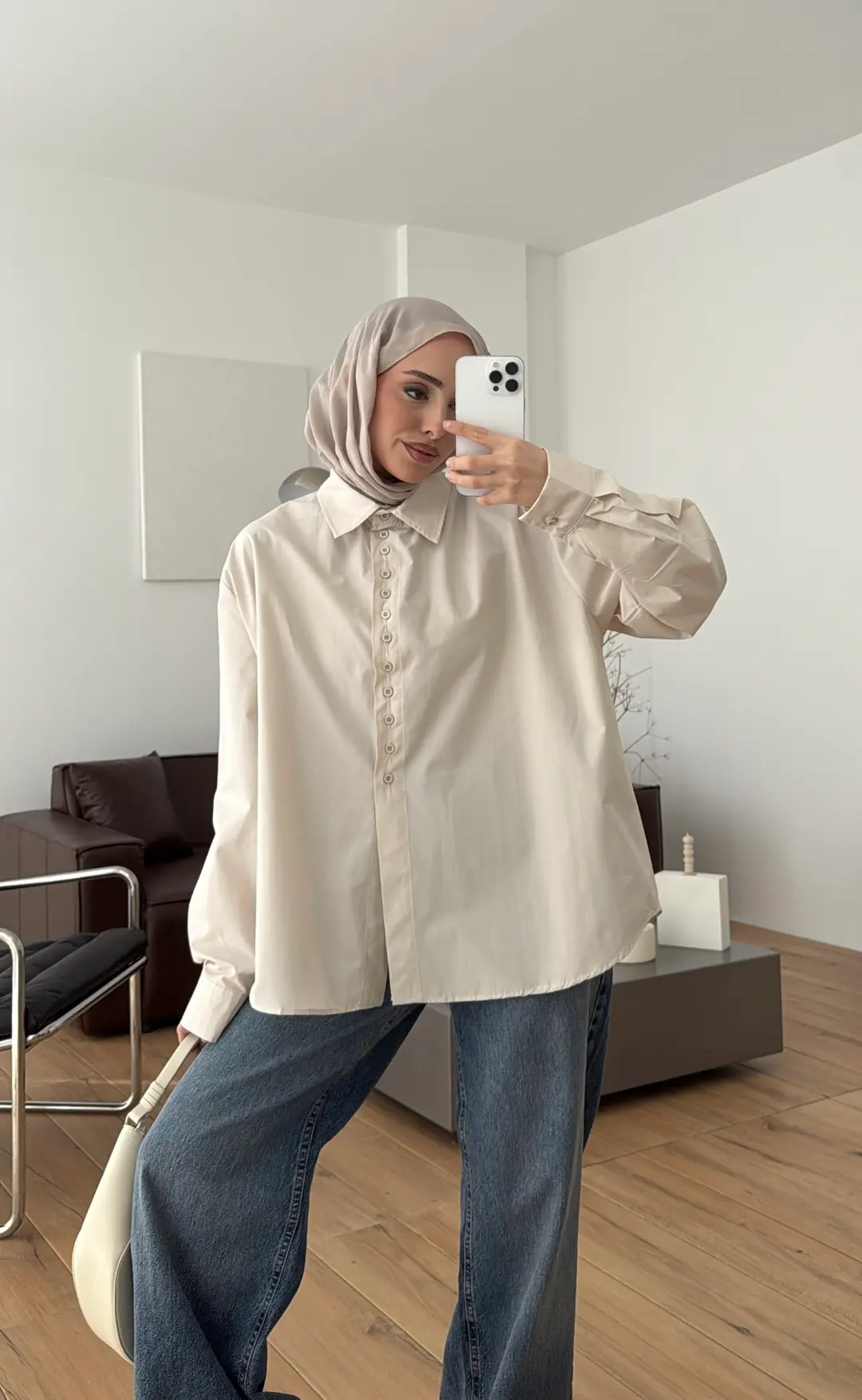 Poplin Sık Düğmeli Gömlek Bej - Görsel 5