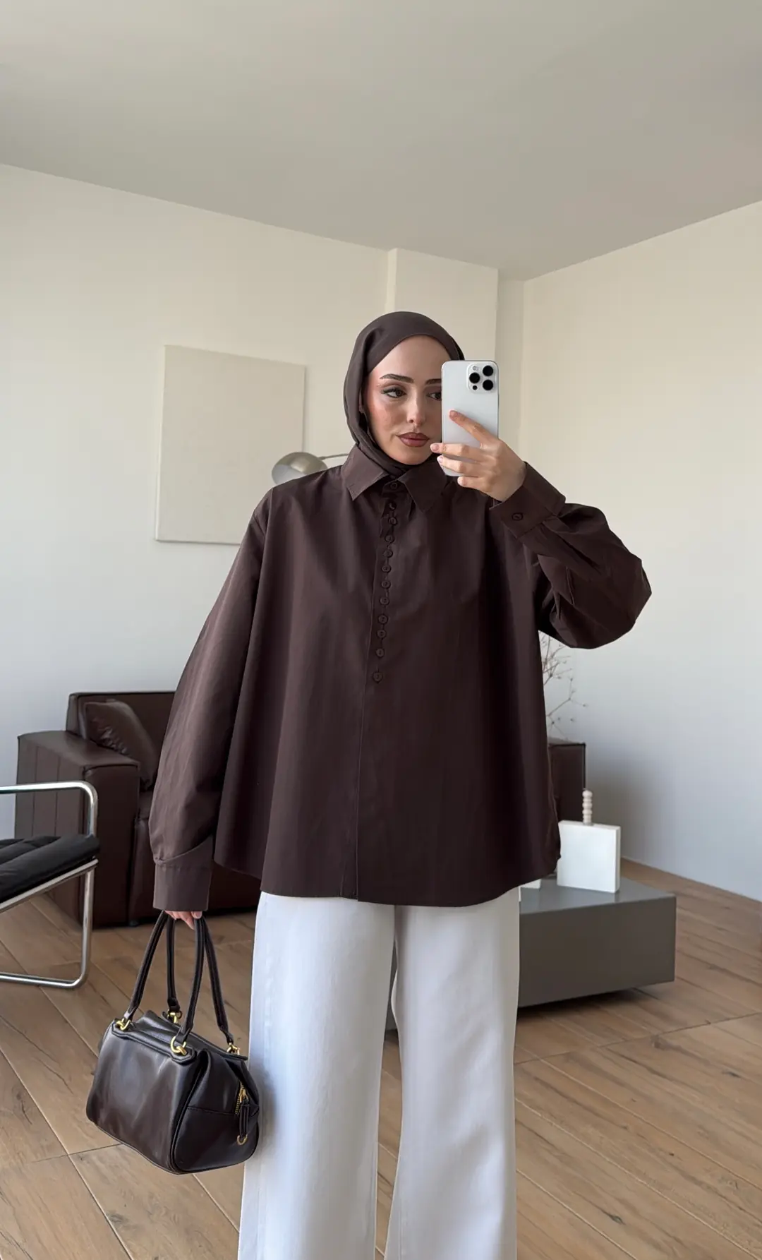 Poplin Sık Düğmeli Gömlek Kahve - Görsel 10