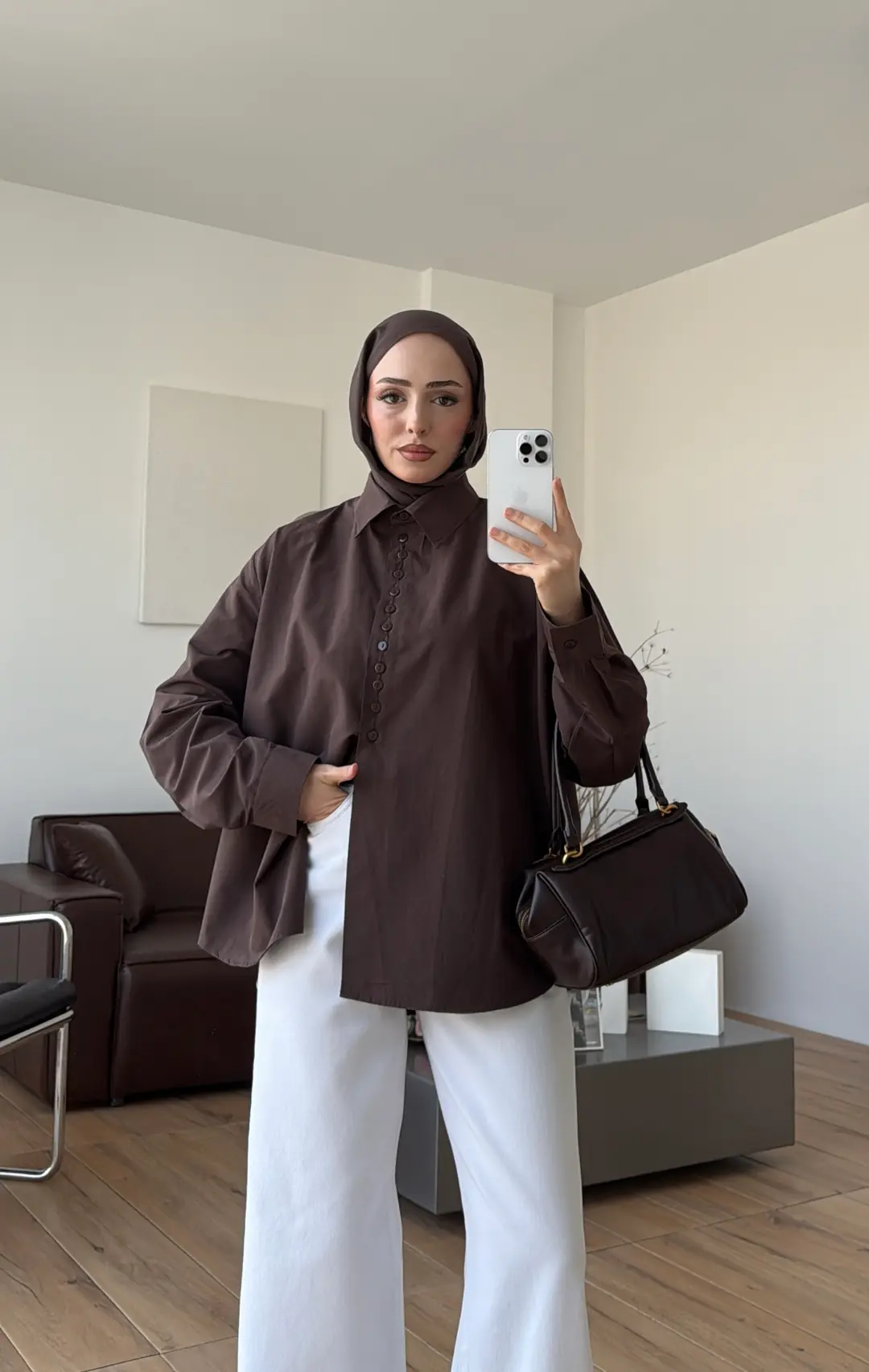 Poplin Sık Düğmeli Gömlek Kahve - Görsel 6