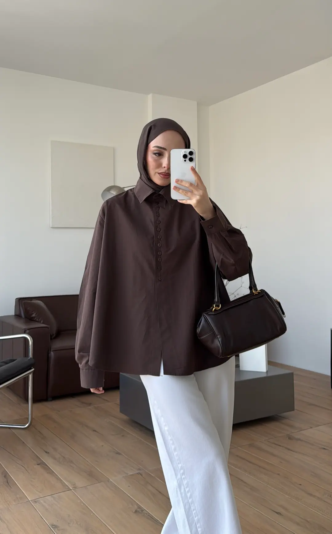 Poplin Sık Düğmeli Gömlek Kahve - Görsel 7