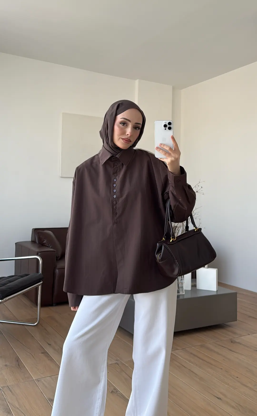 Poplin Sık Düğmeli Gömlek Kahve - Görsel 8