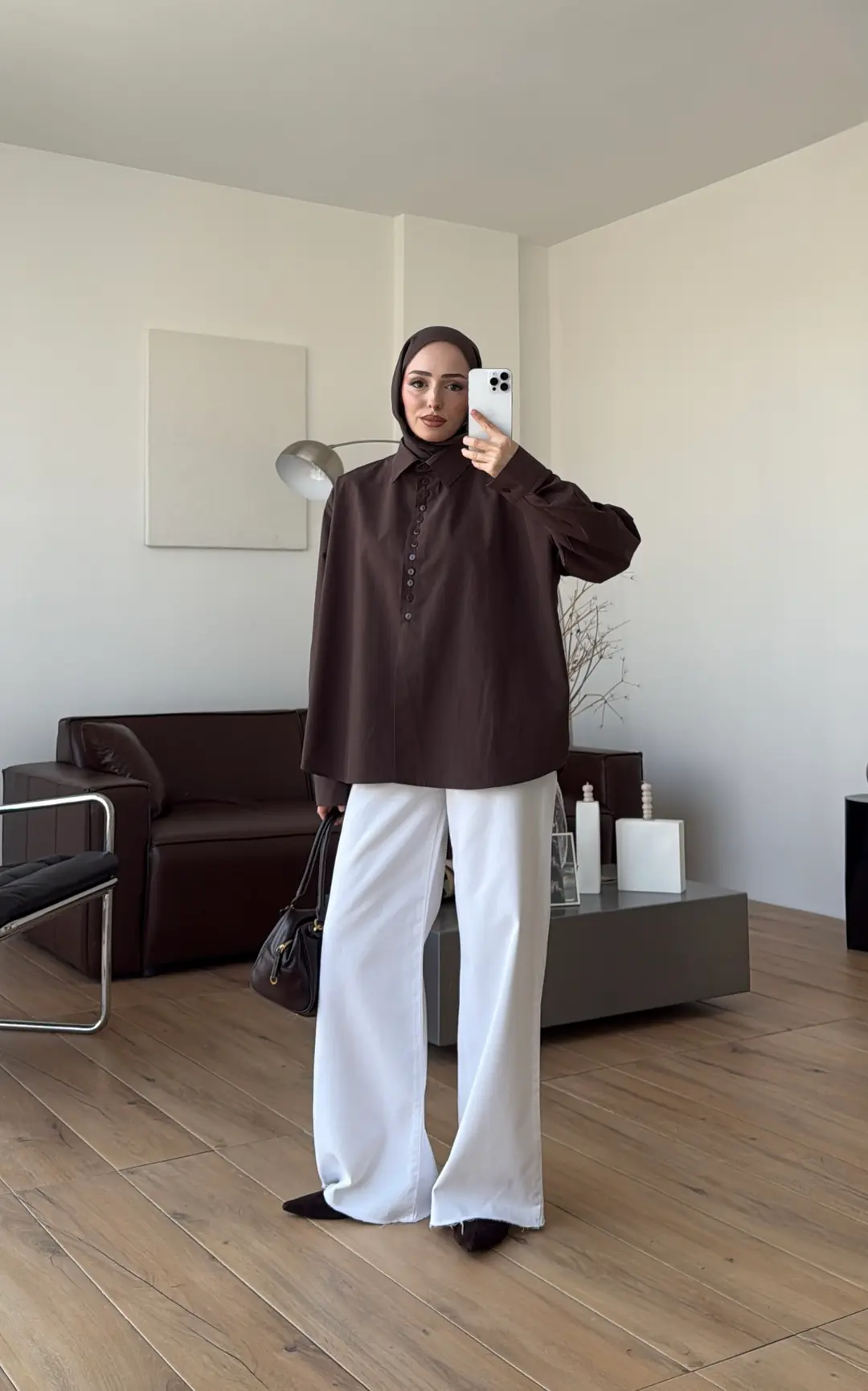 Poplin Sık Düğmeli Gömlek Kahve - Görsel 9