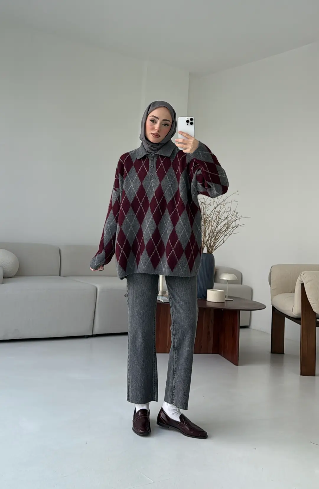 Premium Baklava Desenli Polo Yaka Kazak Gri