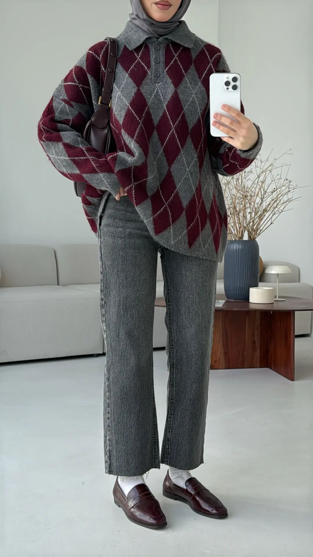 Premium Baklava Desenli Polo Yaka Kazak Gri - Görsel 10