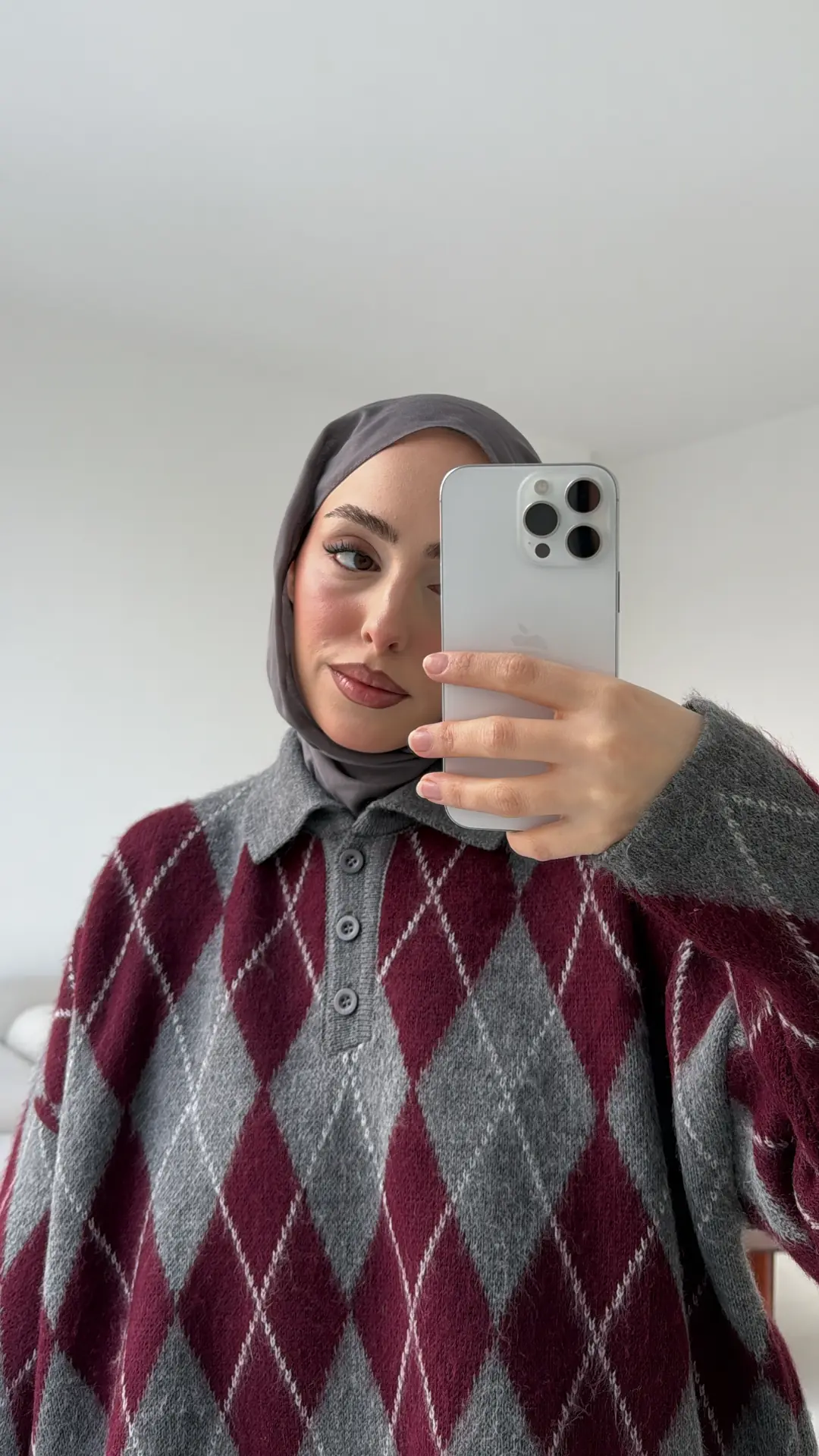 Premium Baklava Desenli Polo Yaka Kazak Gri - Görsel 3