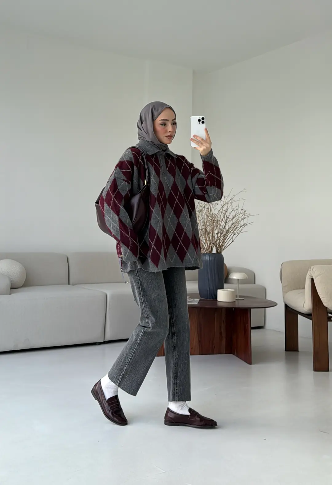 Premium Baklava Desenli Polo Yaka Kazak Gri - Görsel 4