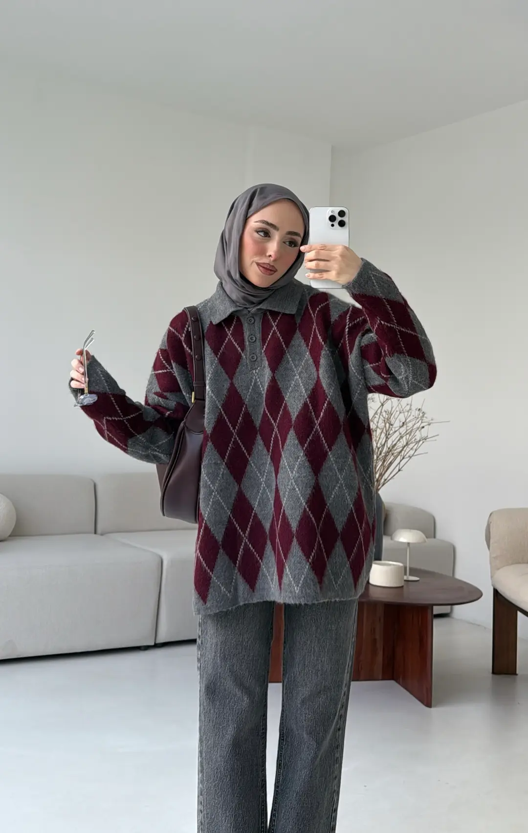 Premium Baklava Desenli Polo Yaka Kazak Gri - Görsel 5