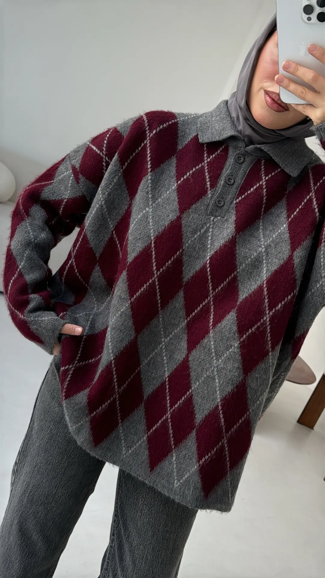 Premium Baklava Desenli Polo Yaka Kazak Gri - Görsel 6