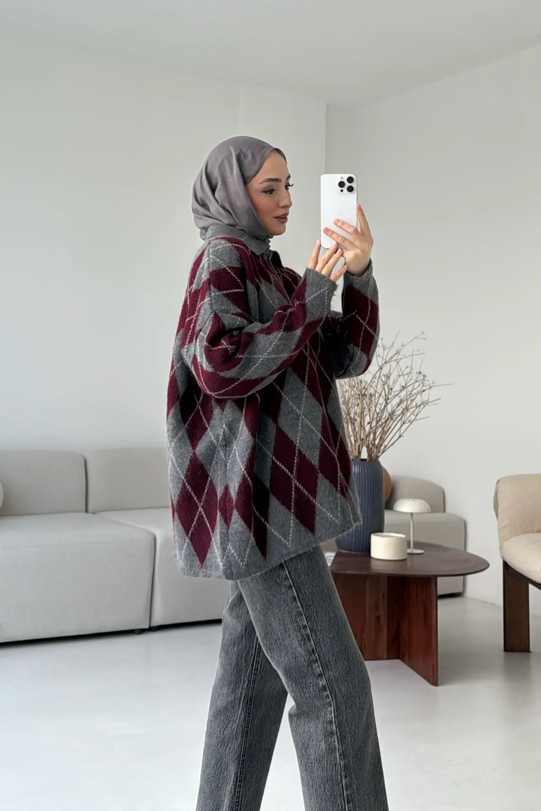 Premium Baklava Desenli Polo Yaka Kazak Gri - Görsel 8