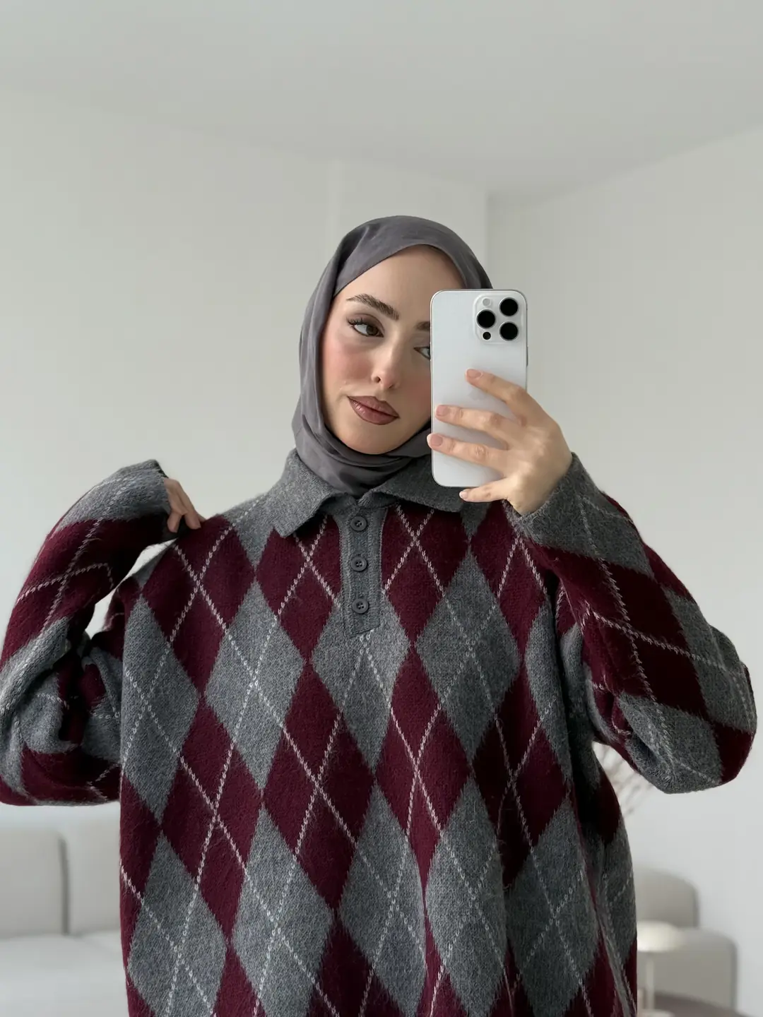 Premium Baklava Desenli Polo Yaka Kazak Gri - Görsel 9