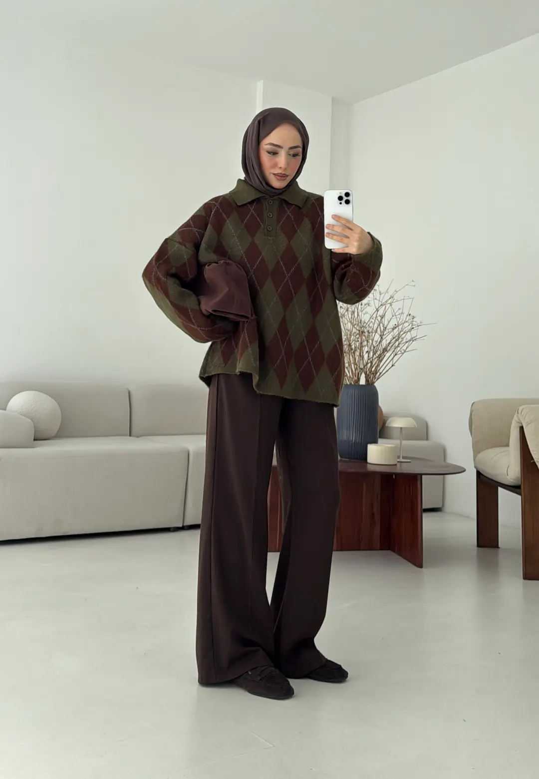 Premium Baklava Desenli Polo Yaka Kazak Haki