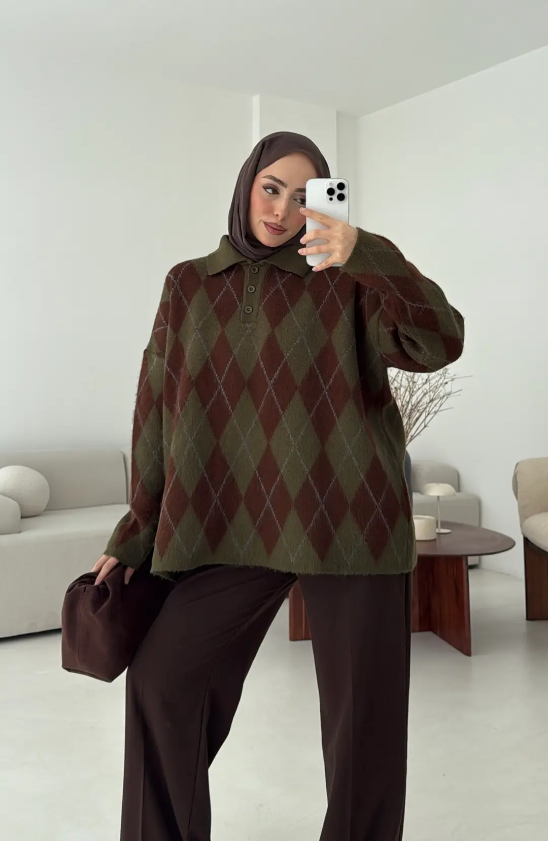 Premium Baklava Desenli Polo Yaka Kazak Haki - Görsel 2