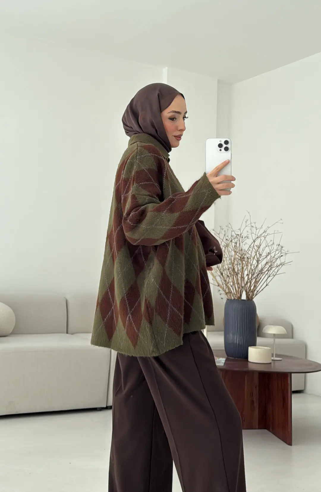 Premium Baklava Desenli Polo Yaka Kazak Haki - Görsel 3