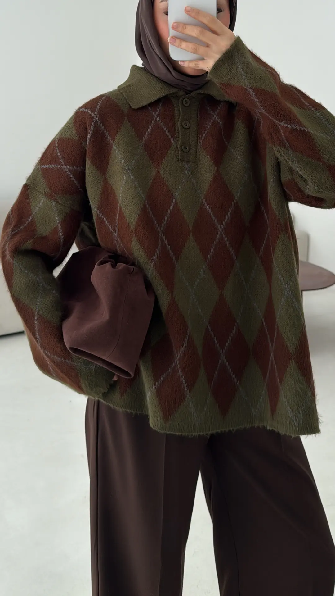 Premium Baklava Desenli Polo Yaka Kazak Haki - Görsel 5